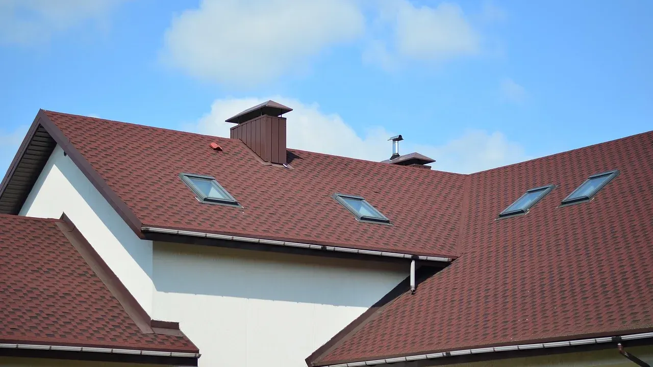 House with a red shingle roof, skylights and a gutter with a downspout